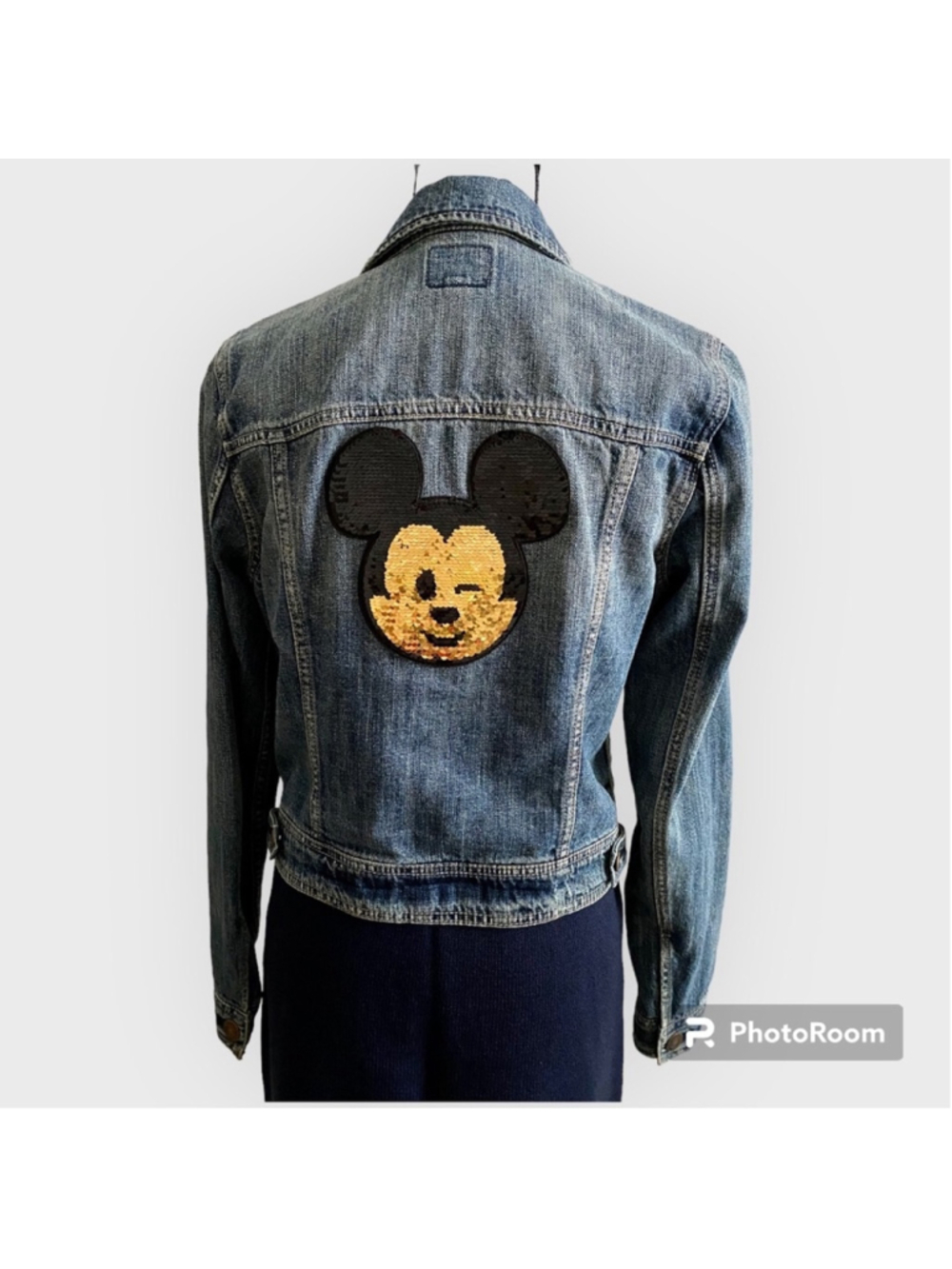 American Eagle Denim Jean Jacket Mickey Mouse Reversible Sequins Patch Medium